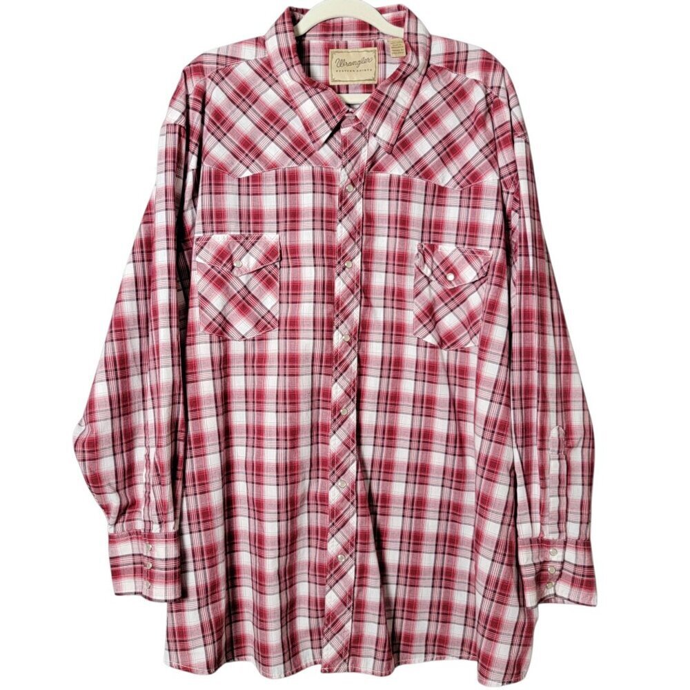 Wrangler Mens Red White Plaid Long Sleeve Pearl Snap Shirt 5XL Outdoorsman Fall